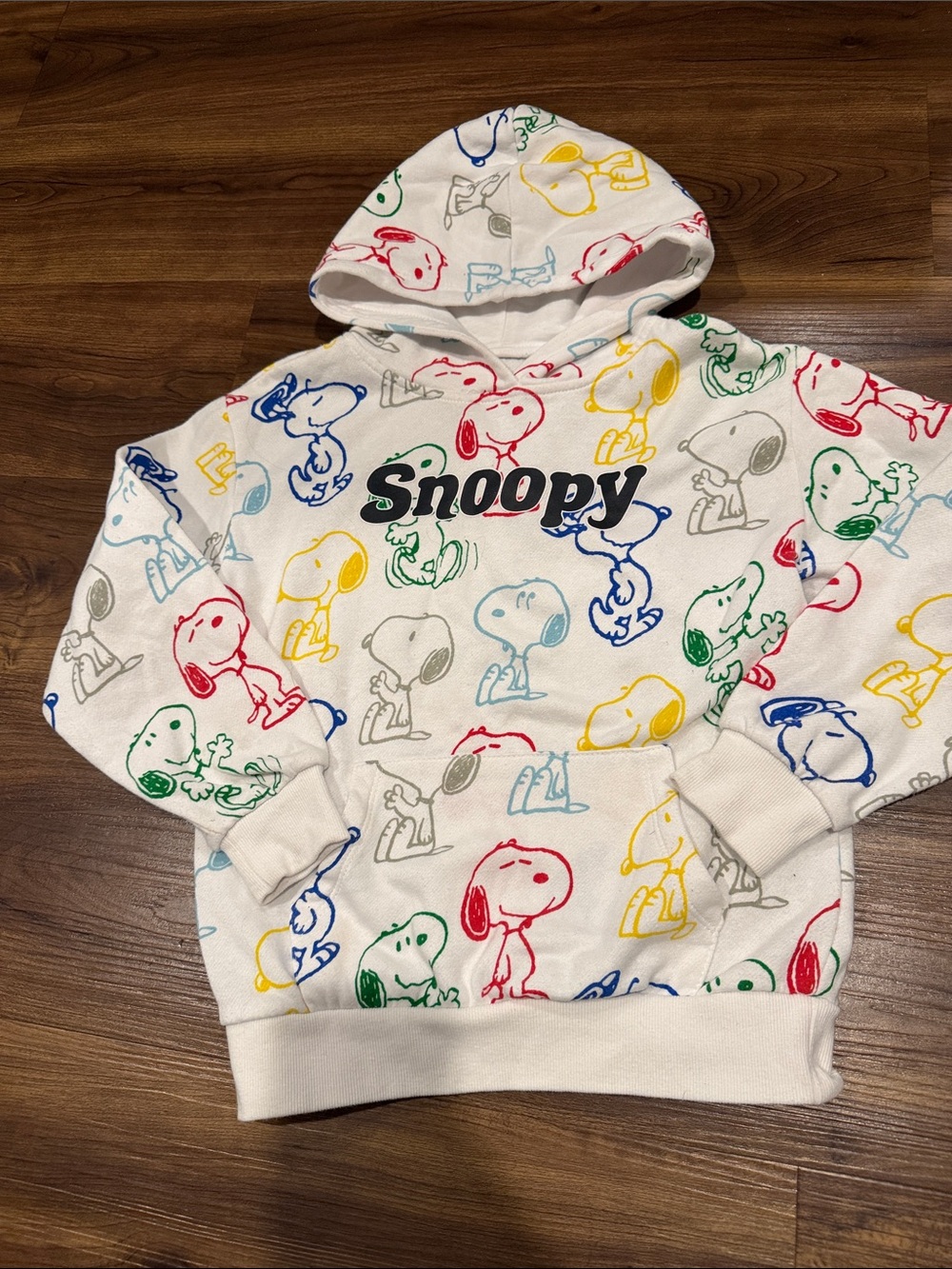 Snoopy Kids' Size 6 White Hoodie with Multi-Color Snoopy Print - preloved